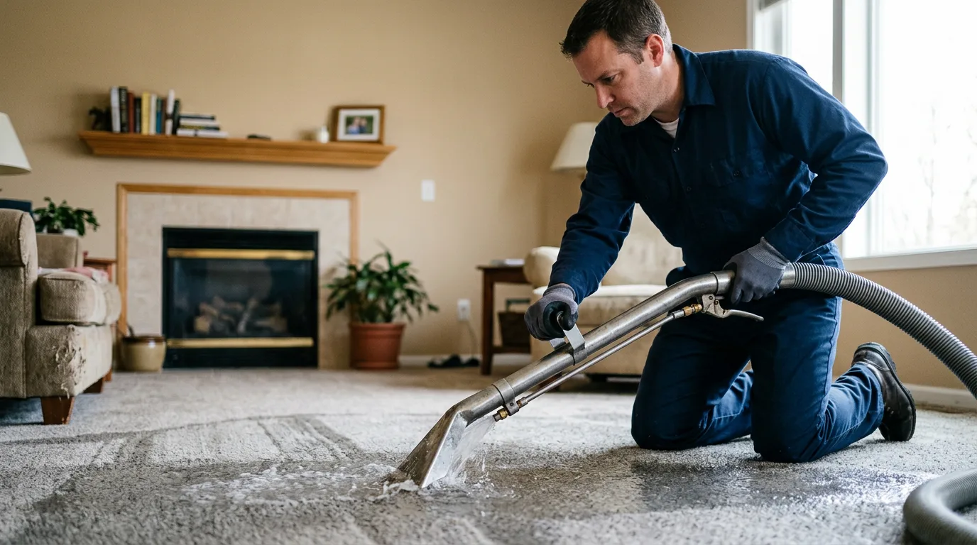 Water damage restoration technician working near Cambridge, IL